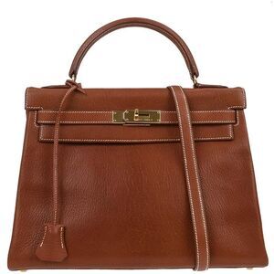 Hermes Kelly Handbag Brown Chevre De Coromandel With Gold Hardware Brown Leather